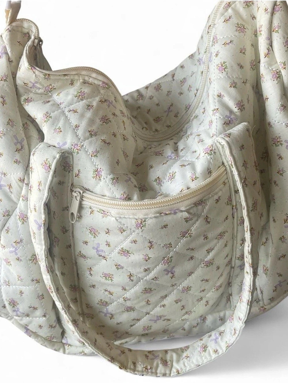 Cream / Pastels Bow Floral Quilted Duffle / Gym | *Like New* Cottagecore